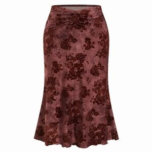 Cider Rose Brown Floral Velvet Midi Skirt